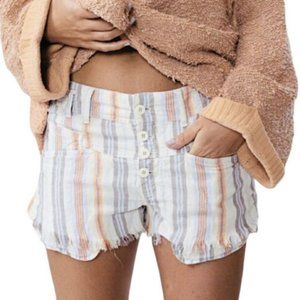 Free People Morning Rain Pastel Stripe Linen Blend Button-Fly Shorts Size 0- EUC